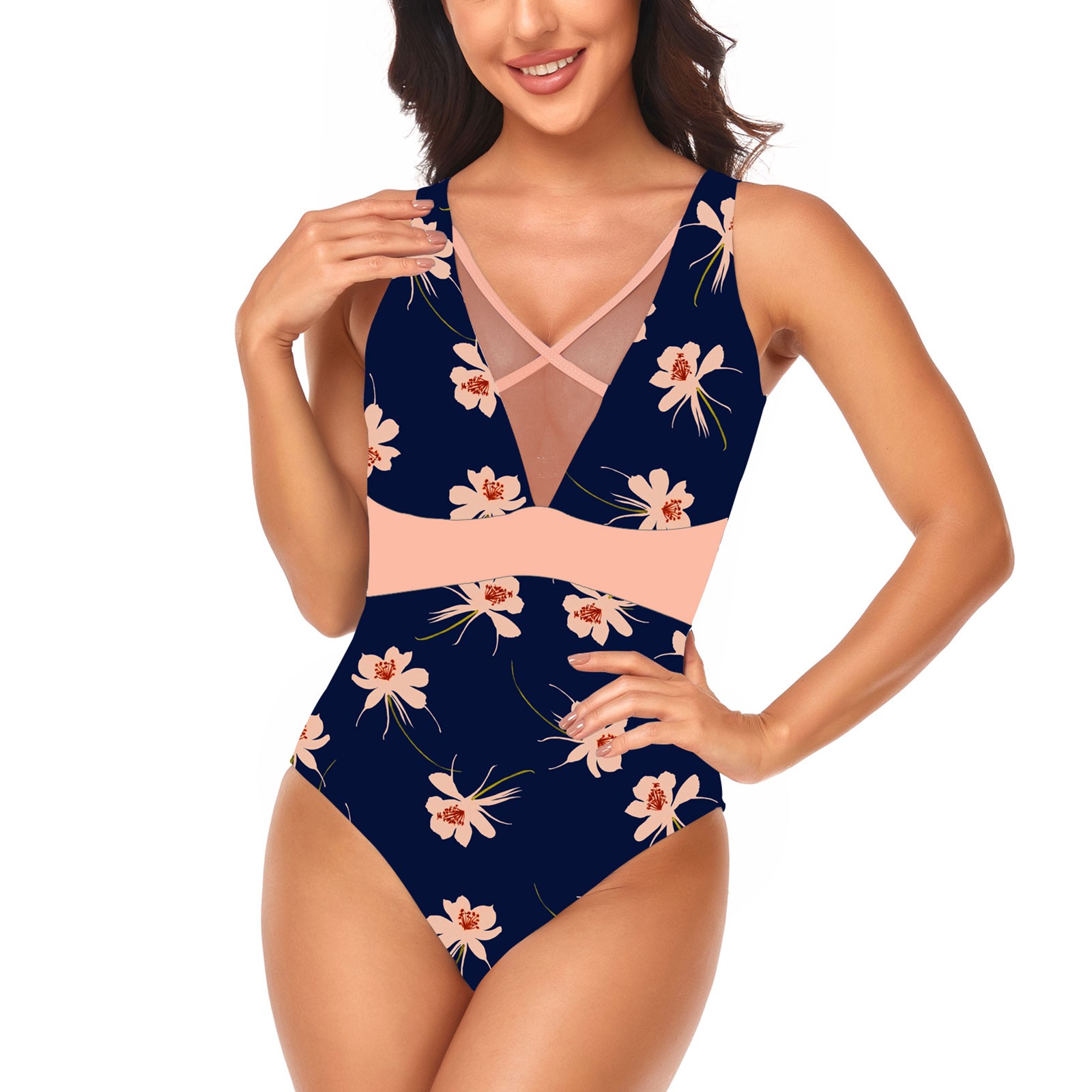 GDfun Women's Summer Solid Color Printed Mesh Sexy Onepiece Swimsuit