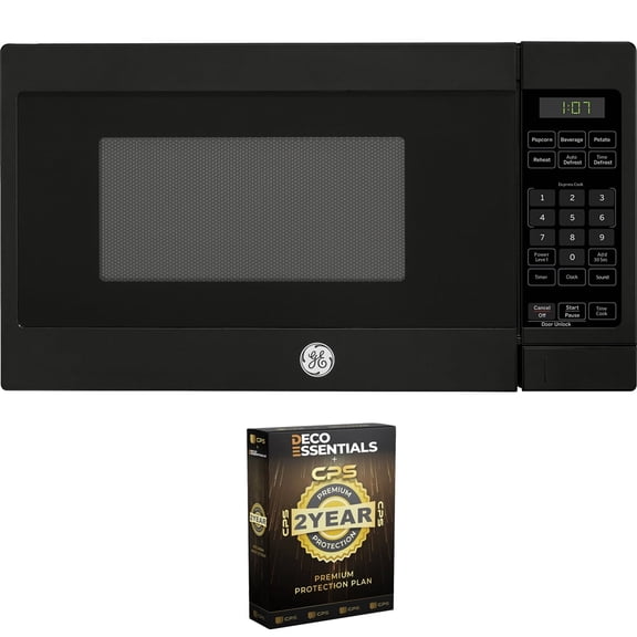 GE 0.7 Cu. Ft. 700-watt Countertop Microwave Oven, Black Bundle with Deco Essentials CPS Premium 2 Year Extended Protection Plan