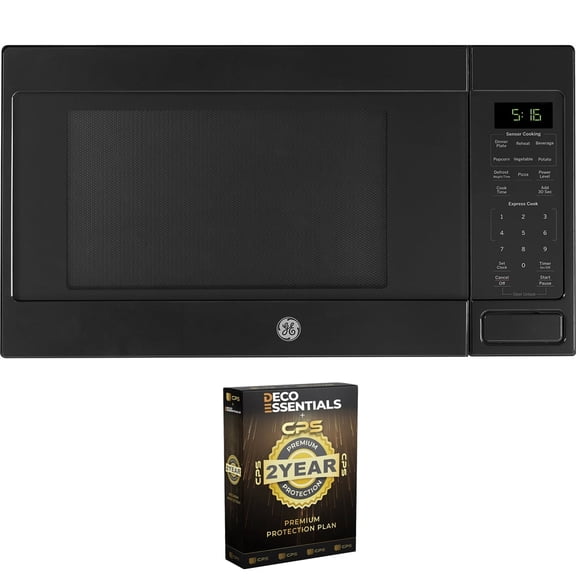 GE 1.6 Cu. Ft. 1,150-watt Countertop Microwave Oven, Black Bundle with Deco Essentials CPS Premium 2 Year Extended Protection Plan