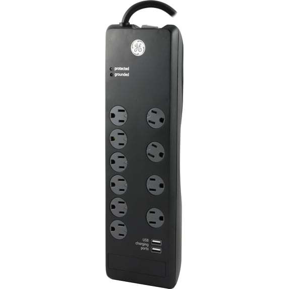 GE 10-Outlet, 2-USB Port Surge Protector with 6ft. Cord, Black – 13476
