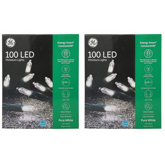 GE 100 LED Miniature Lights Energy Smart ConstantOn, Pure White (2-Pack)