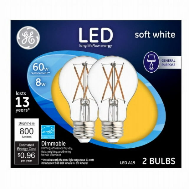 GE 2 Pack LED8DAGCSW-2P 8W Soft White Light Color Clear Bulb Col, Each