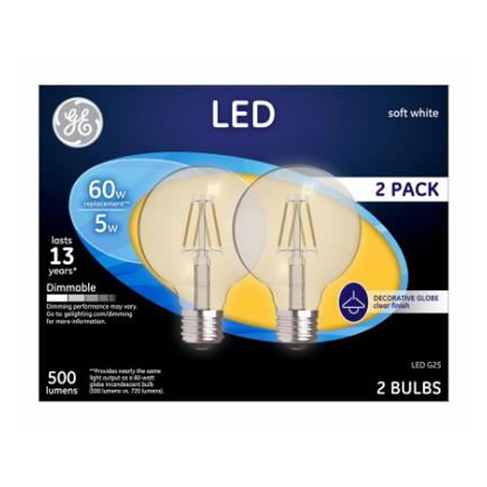 GE Clear G25 Globe Dimmable LED Bulb, Soft White, 5W, 2-Pack