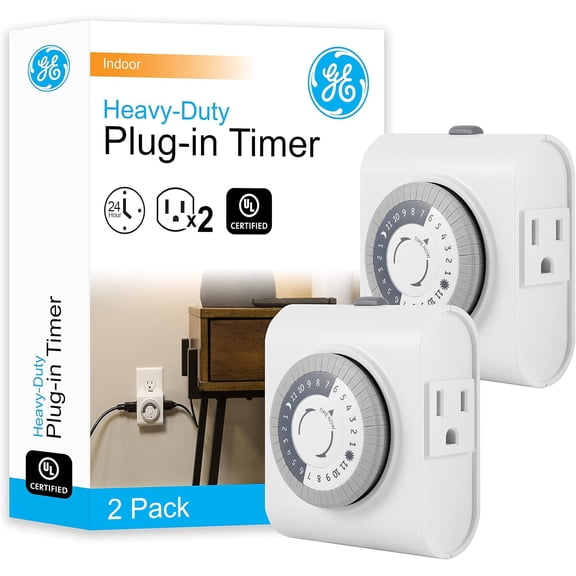 GE 24Hour Mechanical Outlet Timer Switch, Dual Grounded Plugin Control for Indoor Lighting, Lamps, Christmas Trees, Fans and Small Appliances (2 Pack), 46211