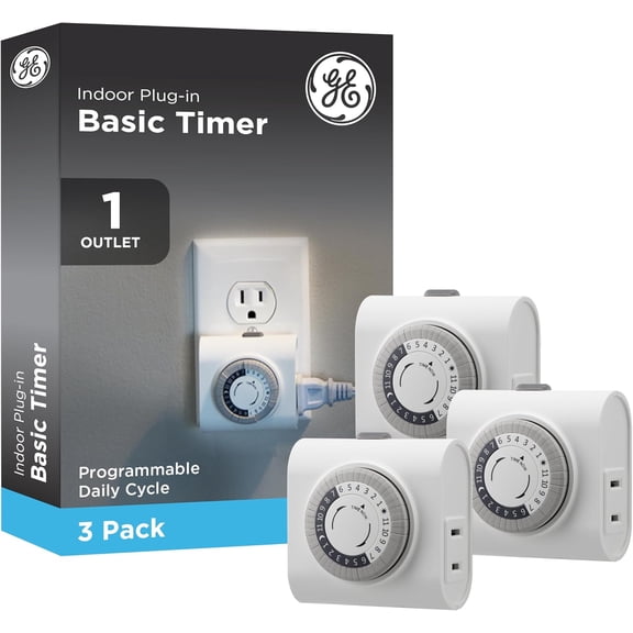 GE 24Hour Mechanical Outlet Timer Switch, Single Polarized PlugIn Control for Indoor Lighting, Lamps, Christmas Trees and Seasonal Decor (3 Pack), 44801