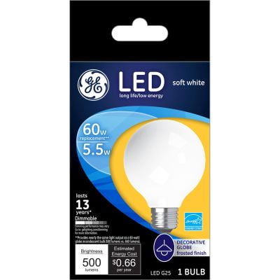 GE G25 E26 (Medium) LED Bulb Soft White 60 Watt Equivalence 1 pk