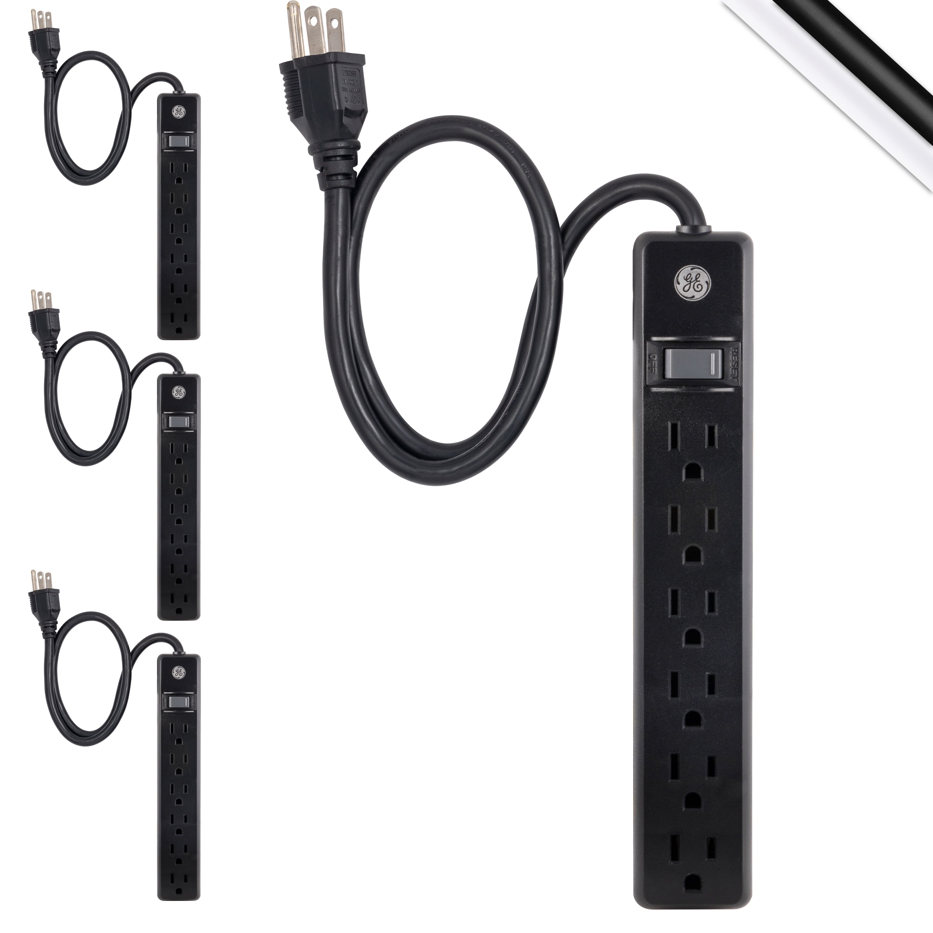 GE 2ft 6Outlet Power Strip, Black, 4 pack