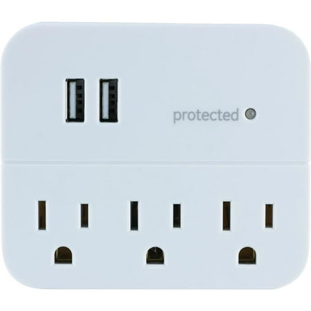 GE - 3-Outlet/2-USB Wall Tap Surge Protector - White