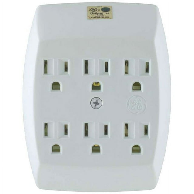 GE 3-Prong 6 Outlet Wall Adapter and Grounding Hex Tap, (White)