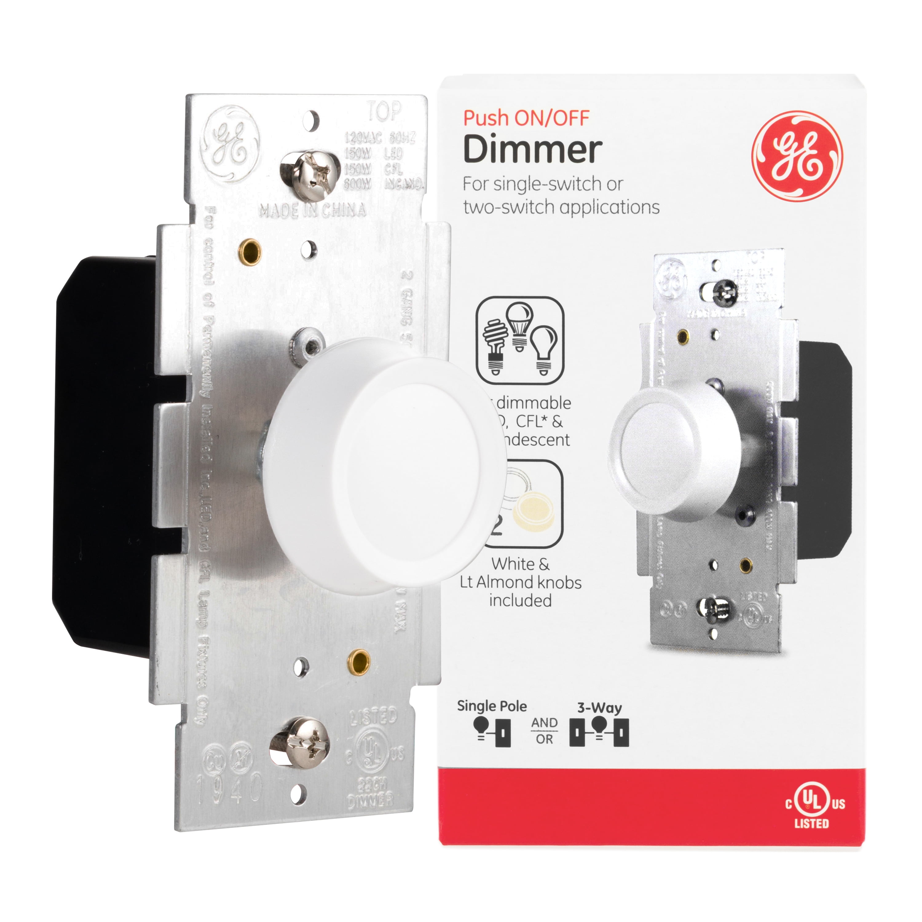 GE 3-Way Dimmer Switch with White and Light Almond Knobs