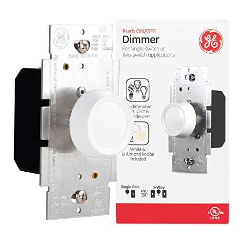GE 3-Way Rotating Dimmer Switch, Push On/Off, Use with Dimmable LED, CFL, and Incandescent Bulbs, Includes Two Knob Colors, UL Listed, White/Light Almond, 18020