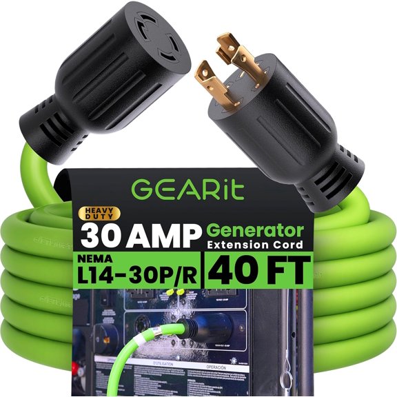 GE 30-Amp Generator Extenson Cord, 120/250-Volt, 4-Prong, 7500W, NEMA L14-30P/L L14-30R, 10 Gauge SJTW Lockng Power Cord for Manual Transfer Swtch, Portable Generators, Power, 40 Feet, Green