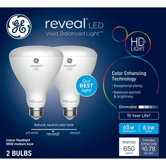 GE Reveal LED Frosted 65W BR30 2pk