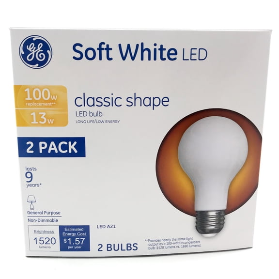 2 Pk - GE 13W A21 Classic Shape LED Light Bulb - 2700K Soft White - 100w equiv.