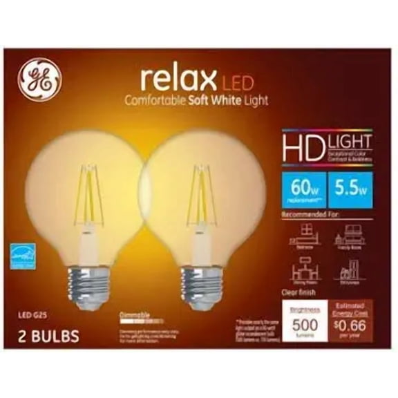 GE 31544 G25 Relax HD Dimmable LED Light Bulb, 5.5 Watts