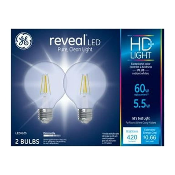 GE 31858 LED Reveal Globe Light Bulbs, Clear Pure White, 500 Lumens, 5.5 Watt, 2-Pk. - Quantity 4