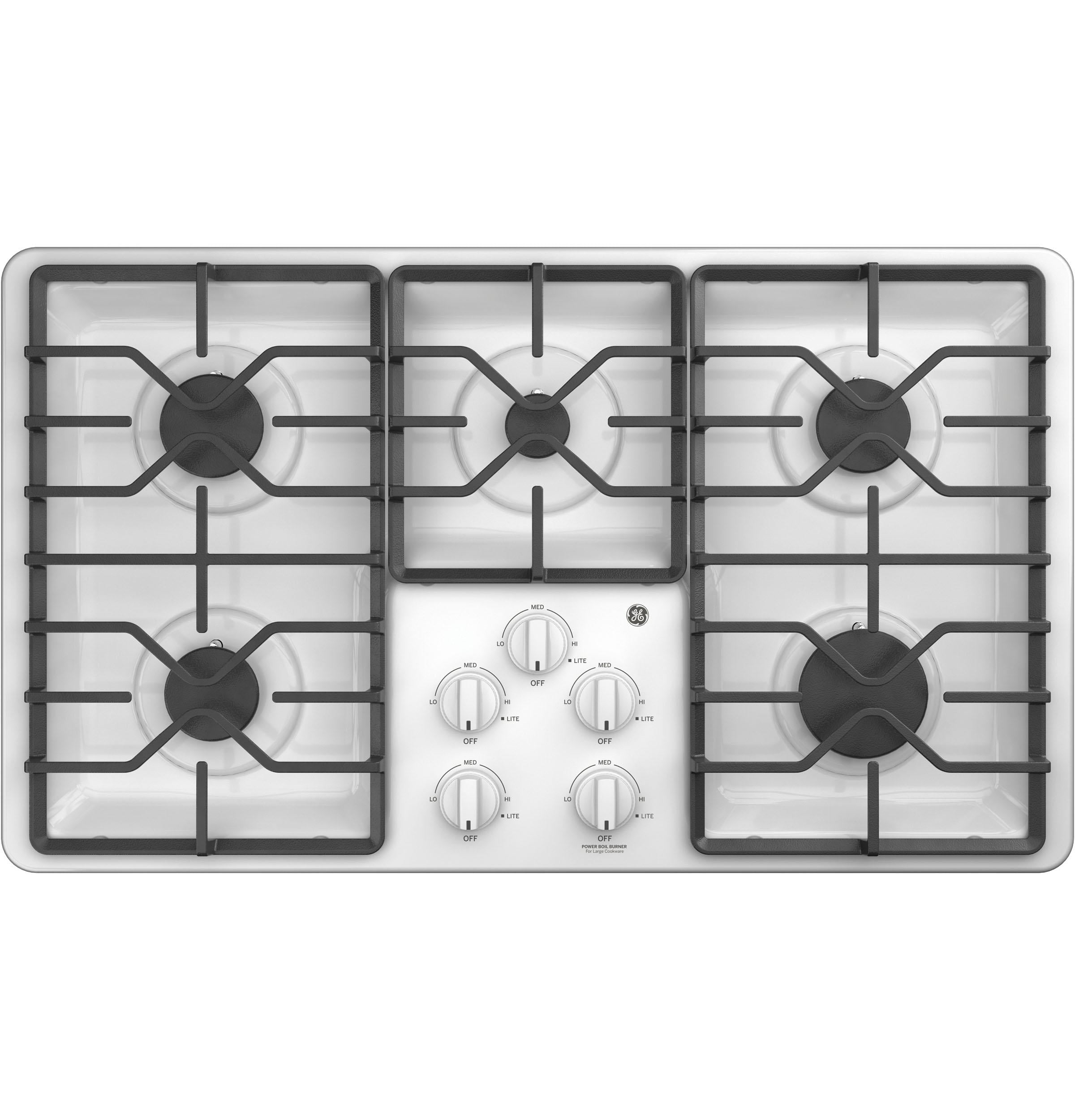 GE® 36" Built-In Gas Cooktop with Dishwasher-Safe Grate 5 Sealed Burners in White Model JGP3036DLWW