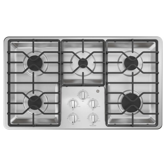 GE 36" Built-In Gas Cooktop with Dishwasher-Safe Grates, in Stainless Steel, Model JGP3036SLSS