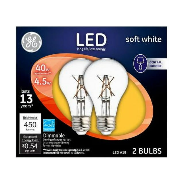 GE 37669 Dimmable A19 Clear General Purpose LED Bulb, Soft White, 4.5W, 2-Pack, Each