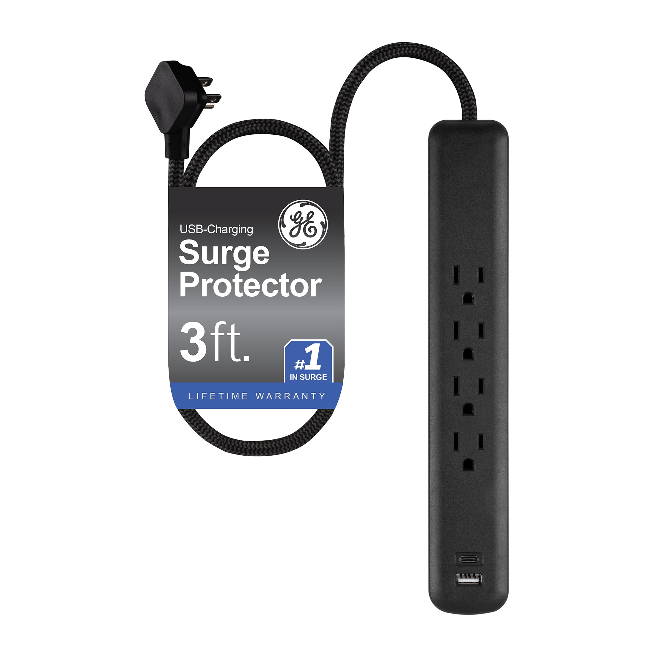 GE 3ft 4Outlet Surge Protector, 1USBC, 1USBA, 12W, 490J