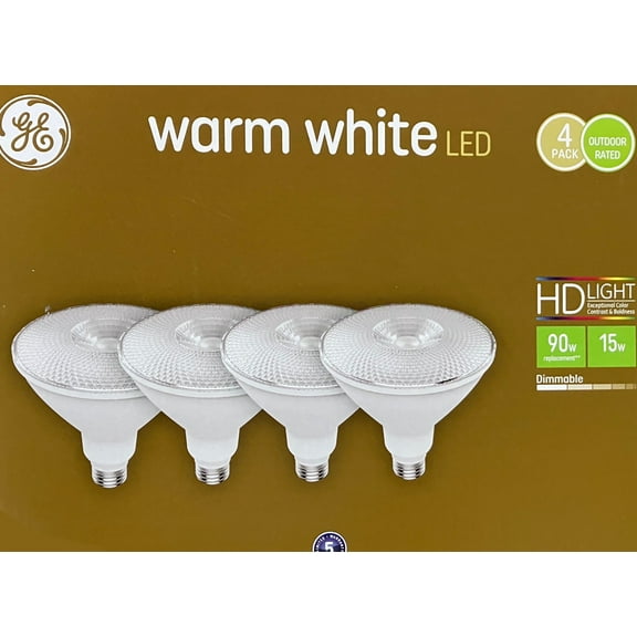 GE 4-Pack Warm White LED PAR38 Flood Lights, 15 Watt, 1200 Lumens, Dimmable, Indoor/Outdoor