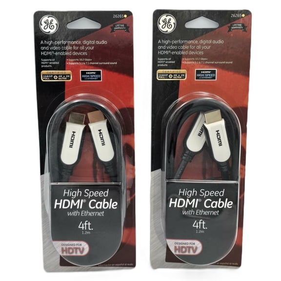 GE 4 ft High Speed HDMI Cable w/Ethernet Full 1080P/4kUD High Performance (2 Pack)