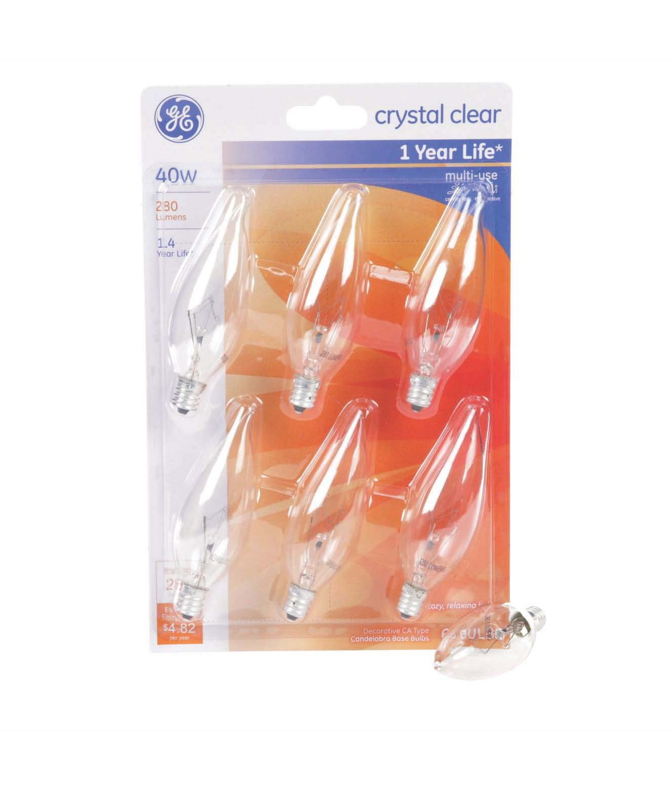 GE 40 Watt Candelabra Light Bulbs E12 Base B11 Crystal Clear Glass Bent