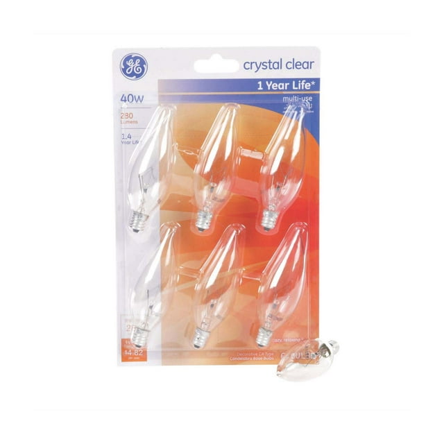 GE 40 Watt Candelabra Light Bulbs E12 Base B11 Crystal Clear Glass Bent