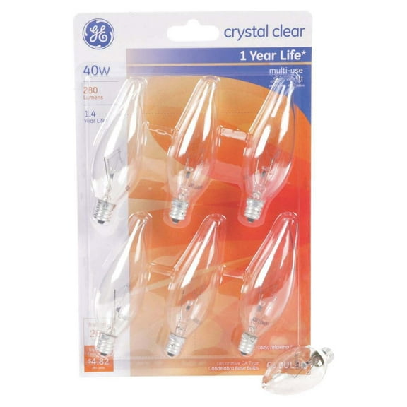 GE 40 Watt Candelabra Light Bulbs E12 Base B11 Crystal Clear Glass Bent Tip