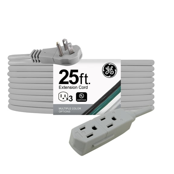 GE 3-Outlet Flat Extension Cord 25 Ft Grounded 3 Prong Extender Flat Plug Power Strip Indoor 16 Gauge UL Listed Gray