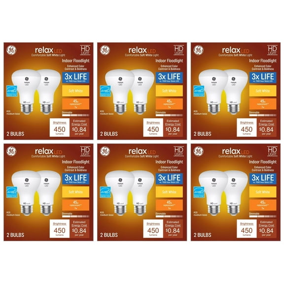 GE Relax LED Light Bulb, R20 Dimmable Indoor Flood Light, 45-Watt Equivalent, Soft White, 12-Pack