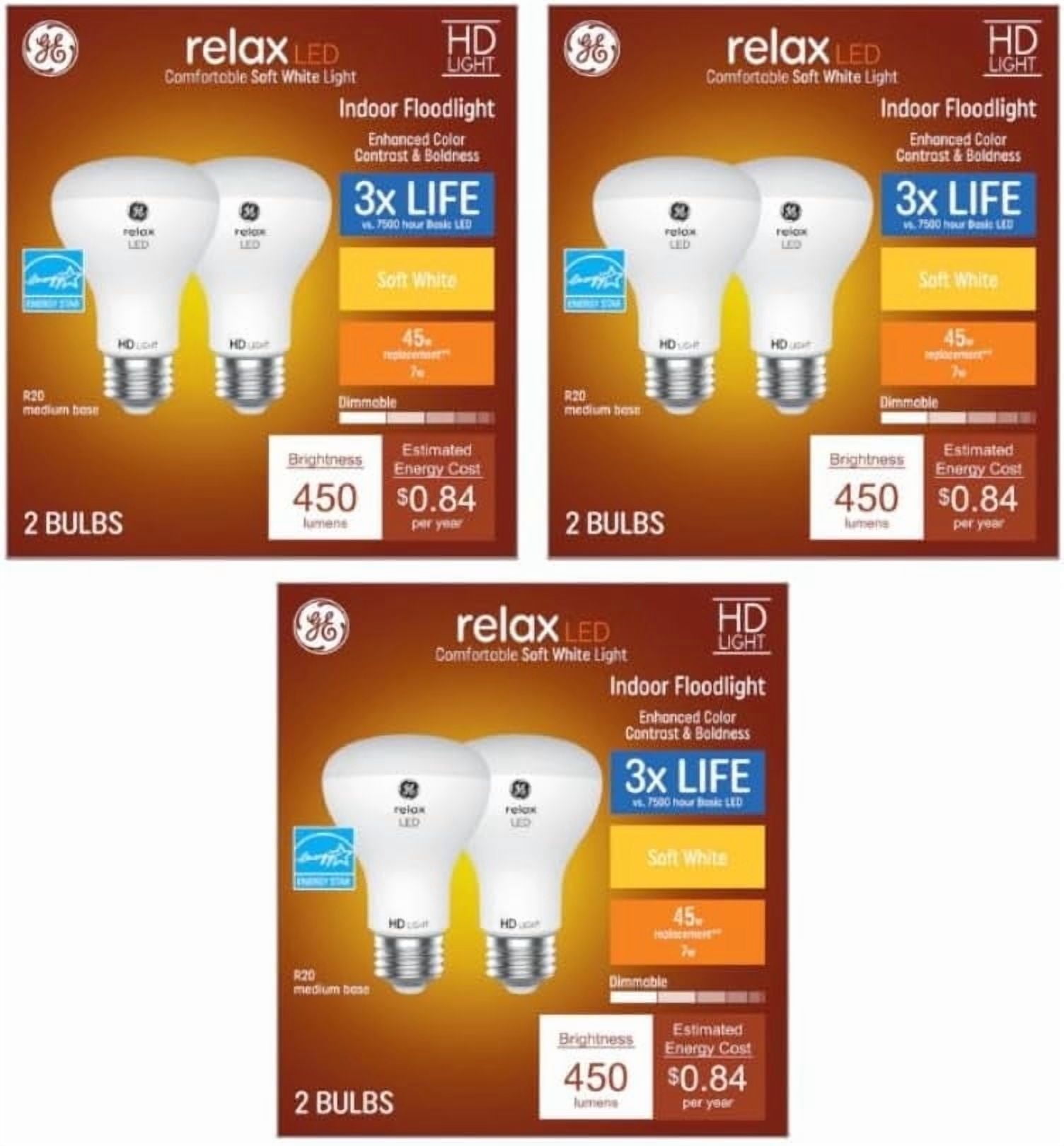 GE Relax Indoor Flood Light Bulb R20 Dimmable, 450 Lumens, 45W Equivalent, Soft White, 6-Pack