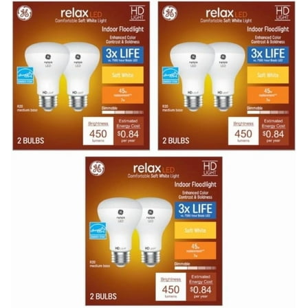 GE Relax Indoor Flood Light Bulb R20 Dimmable, 450 Lumens, 45W Equivalent, Soft White, 6-Pack
