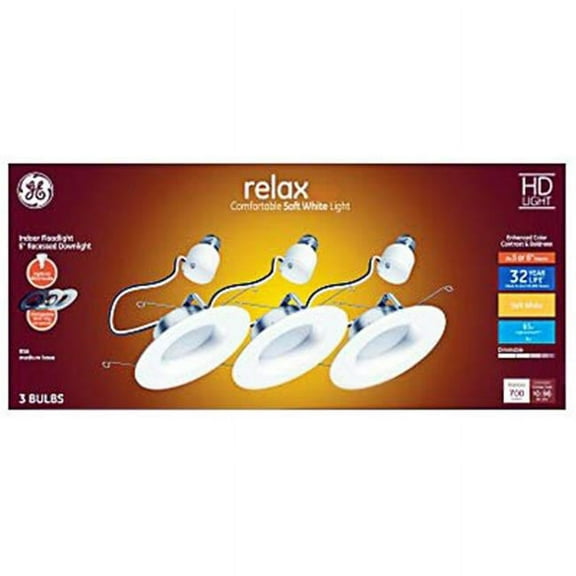 GE 47697 Relax HD LED Retrofit Can Light Bulbs, Soft White, 9 Watt, 750 Lumens, 3-Pk. - Quantity 1