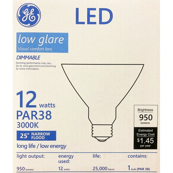GE 50030 LED PAR38, low glare, 12 watt, 950 lumens, 3000K, Narrow Flood LED Light Bulb