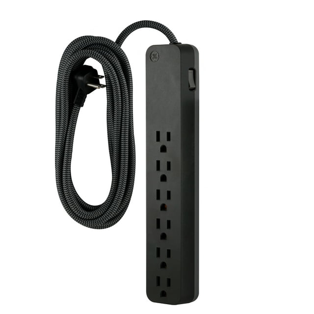 GE 6-Grounded Outlet Surge Protector, 840J, 10ft. Braided Cord, Black – 62935