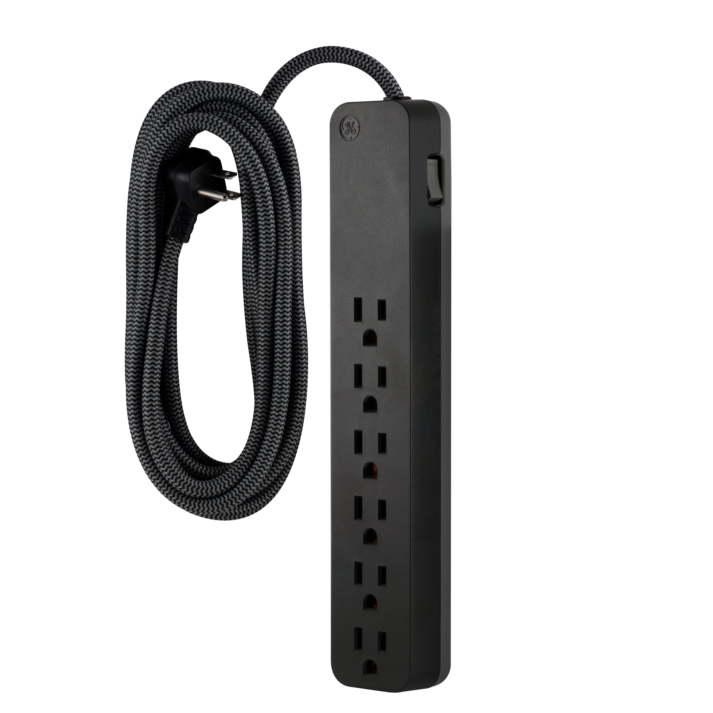 GE 6-Grounded Outlet Surge Protector, 840J, 15ft. Braided Cord, Black – 62939