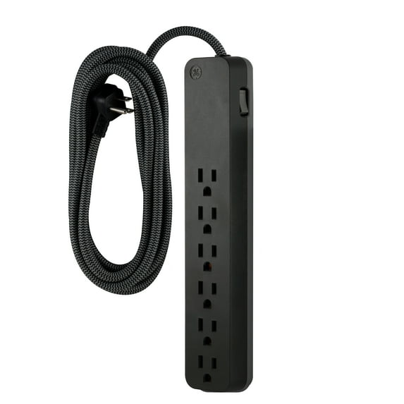 GE 6-Grounded Outlet Surge Protector, 840J, 8ft. Braided Cord, Black – 62931
