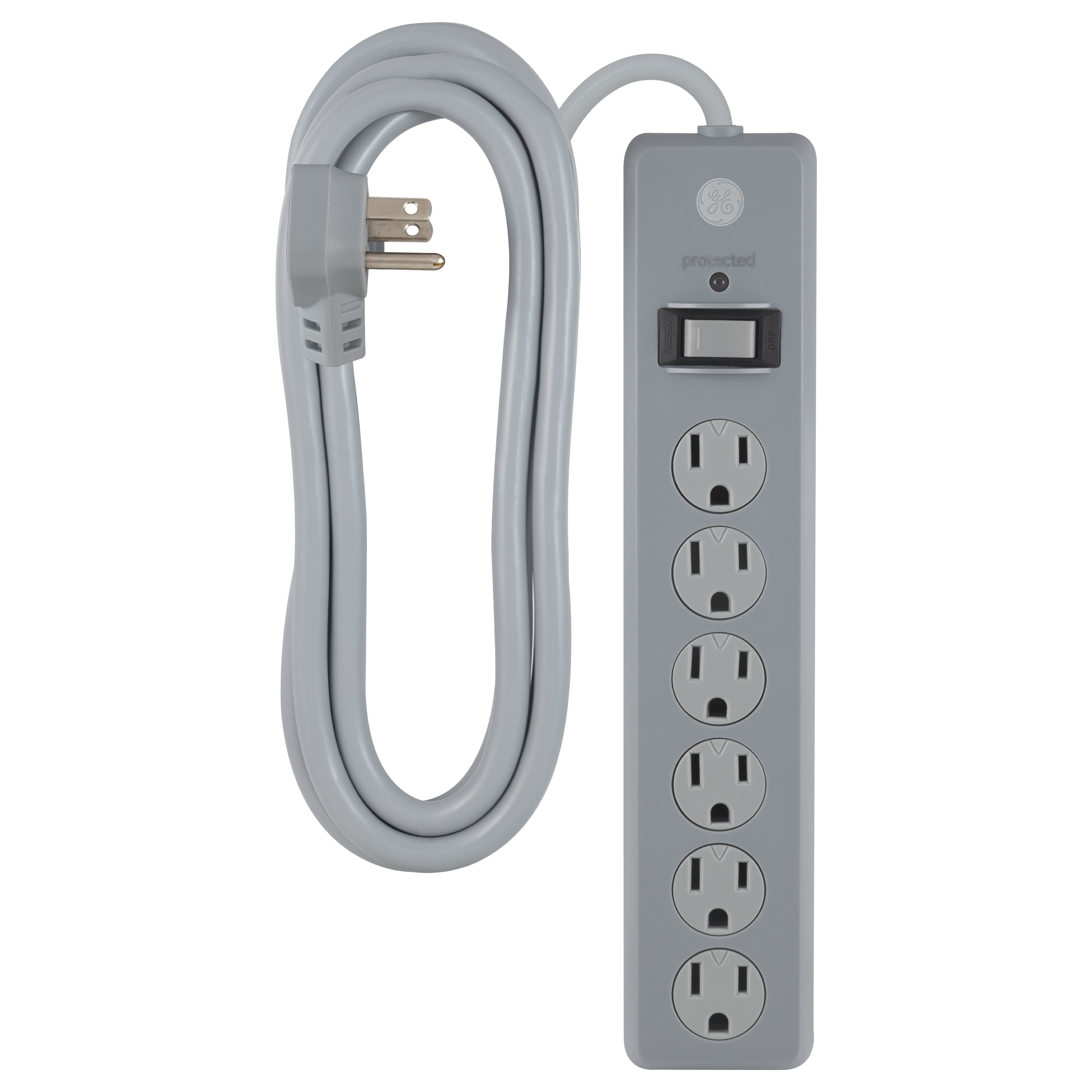 GE 6Grounded Outlet Surge Protector, Safety Covers, 10ft., Gray61348