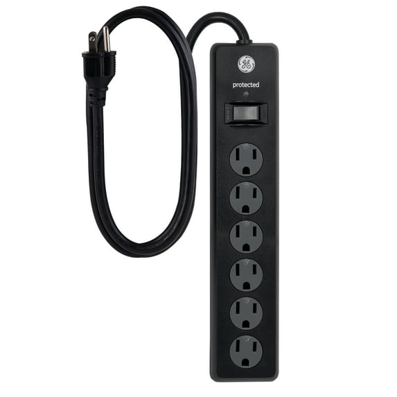 GE 6-Grounded Outlet Surge Protector, Safety Covers, 3ft., Black-47224