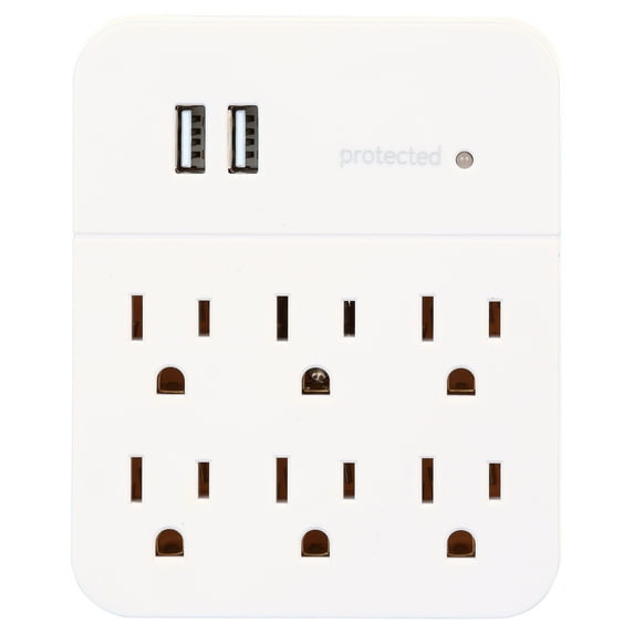 GE 6-Outlet 2-USB Ports Charging Adapter with Surge Protection, 36735