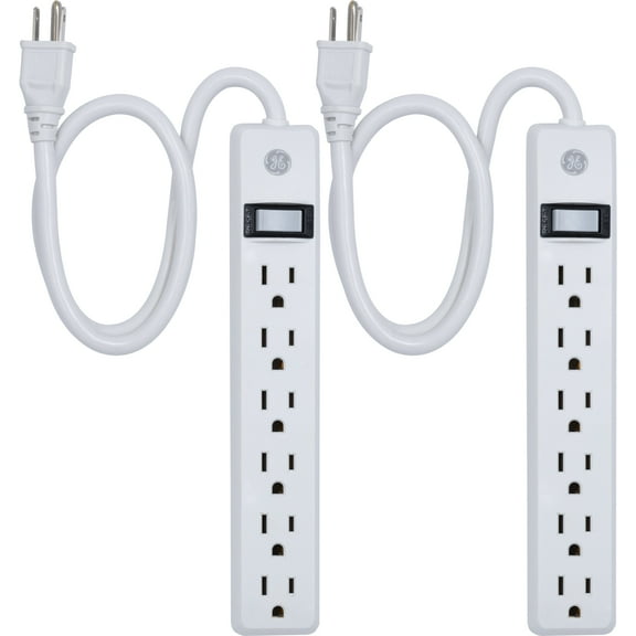 GE 6 Outlet Power Strip 2 Pack, 1'6" Cord, White, 14833