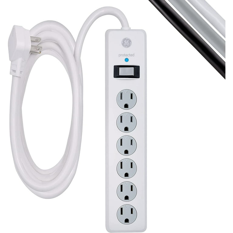 GE 6-Outlet Surge Protector, 10 Ft Extension Cord, Power Strip, 800 Joules,  Flat Plug, Twist-to-Close Safety Covers, UL