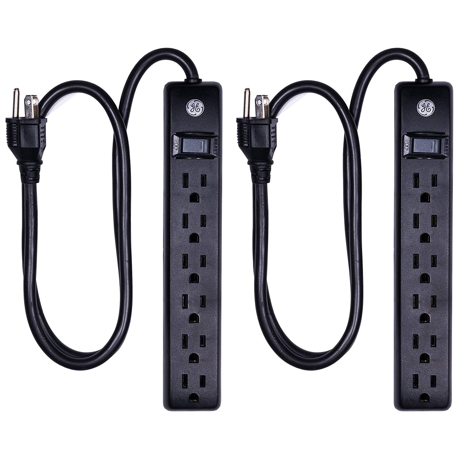 Black 3-Foot 6-Outlet Surge Protector Power Strip, 2-Pack