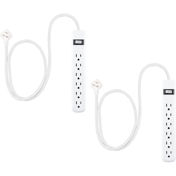 GE 6-Outlet Surge Protector Power Strip, 450J, 3ft Braided Cord, White, 2 Pack