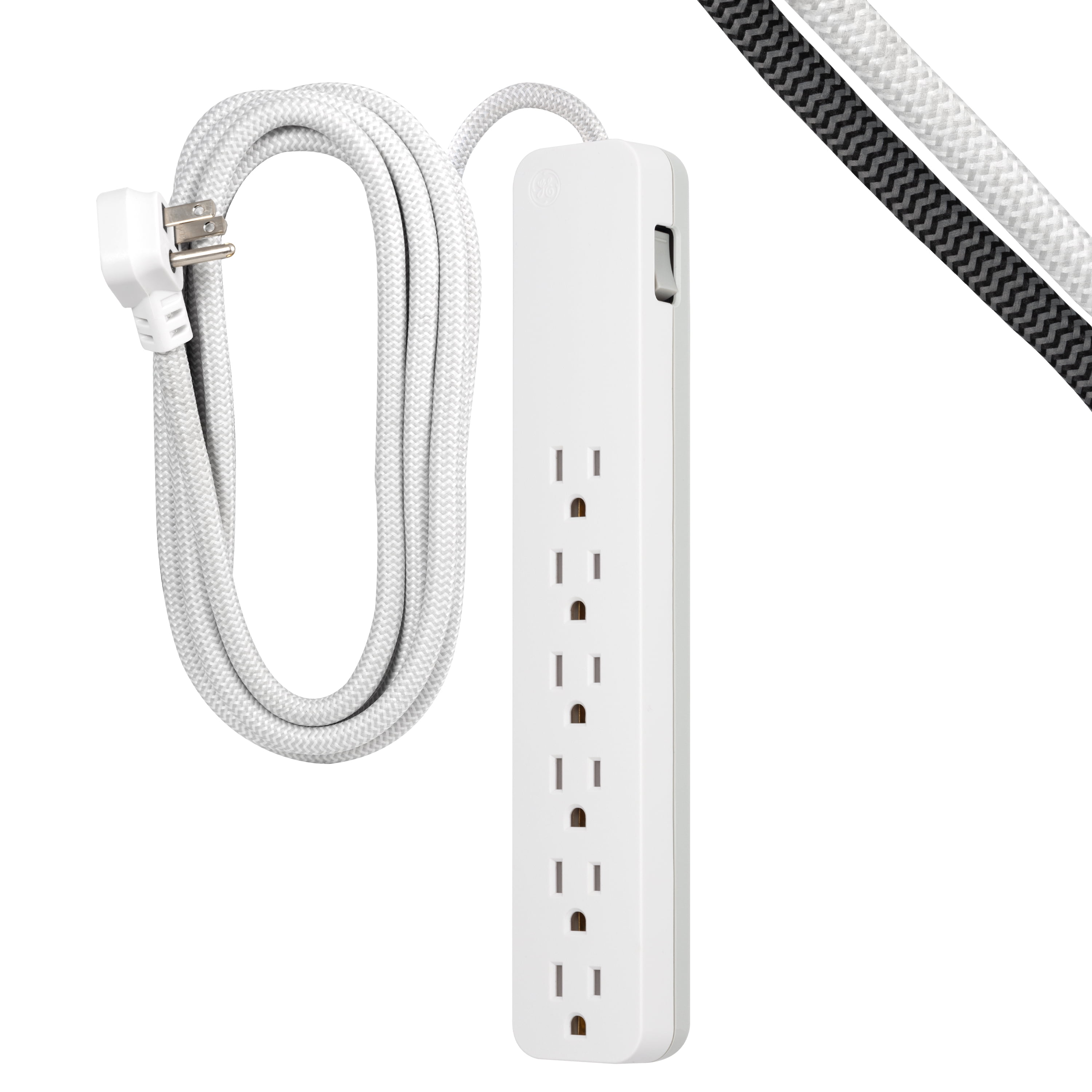 GE 6-Outlet Surge Protector, 10 Ft Extension Cord, Power Strip, 800 Joules,  Flat Plug, Twist-to-Close Safety Covers, UL Listed, White, 14092