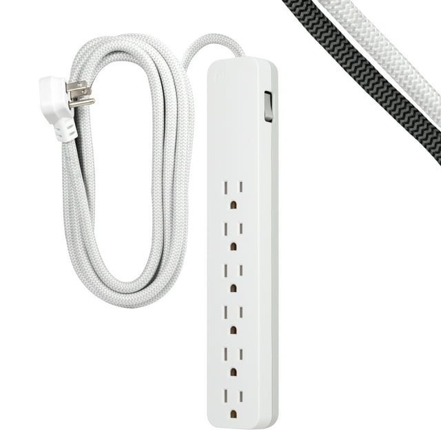GE 6-Outlet Surge Protector, 840J, 10ft. Braided Cord, White, 62933