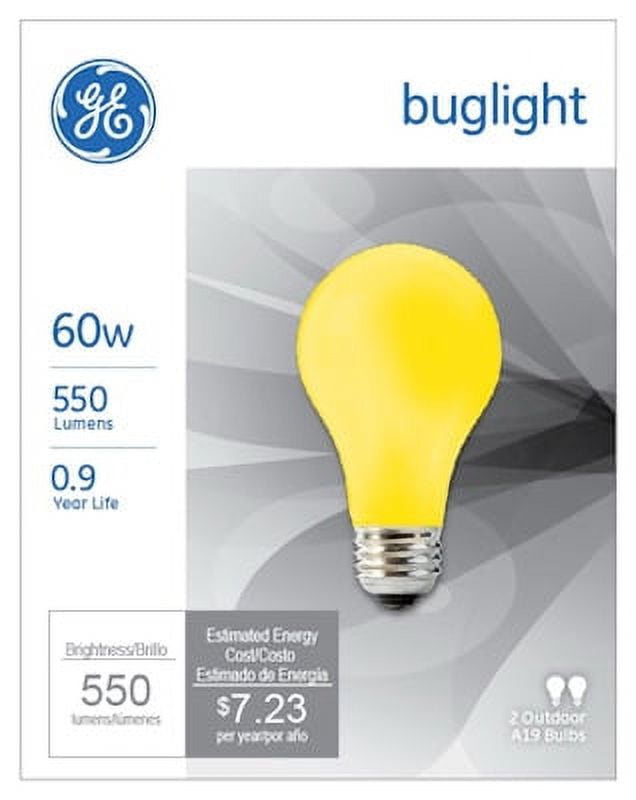 GE 60A/Y 2 Pack 60W Yellow Bug Light Bulb ALine A19, Each