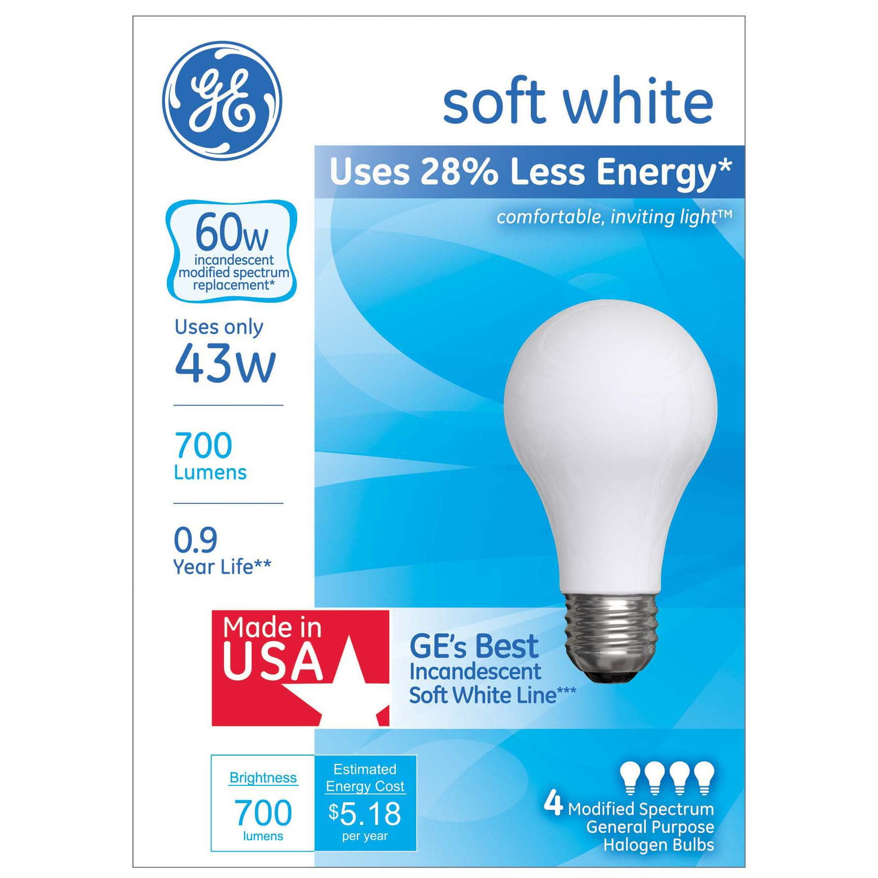 ugentlig Visum vært GE 60W Equivalent (using 43W) Halogen General Purpose Soft White Light Bulbs,  4-pack - Walmart.com