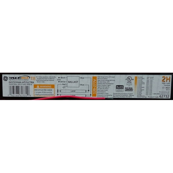 GE 62732 UltraMax Electronic High Efficiency Multivolt Instant Start Ballast, GE232MAX-HT/ULTRA, 2 lamp, 120/277 volt